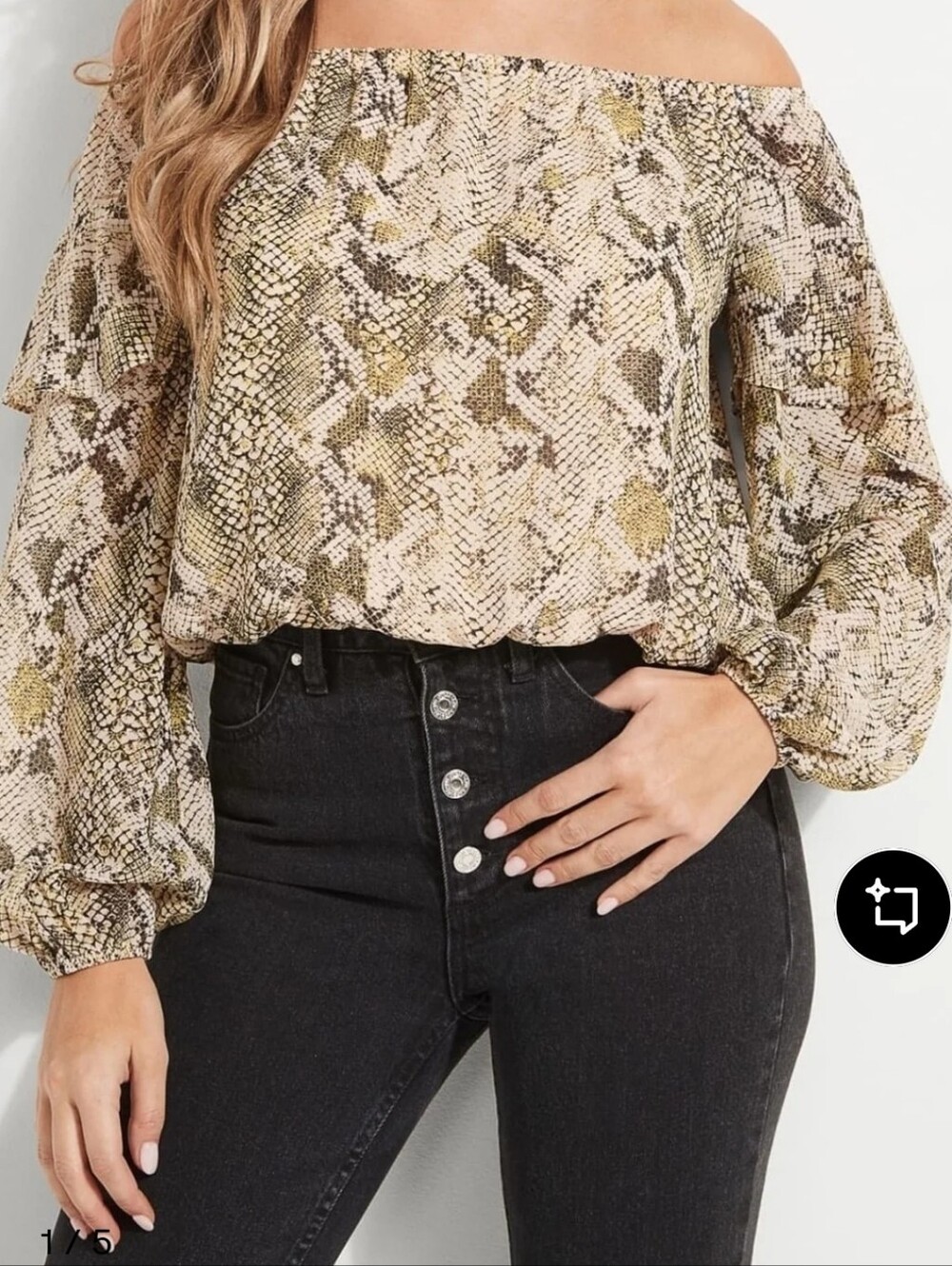 GUESS Y2K ANIMAL PRINT Off-Shoulder Snake Blouse Beige & Olive Boho Queen 90s - Picture 3 of 11